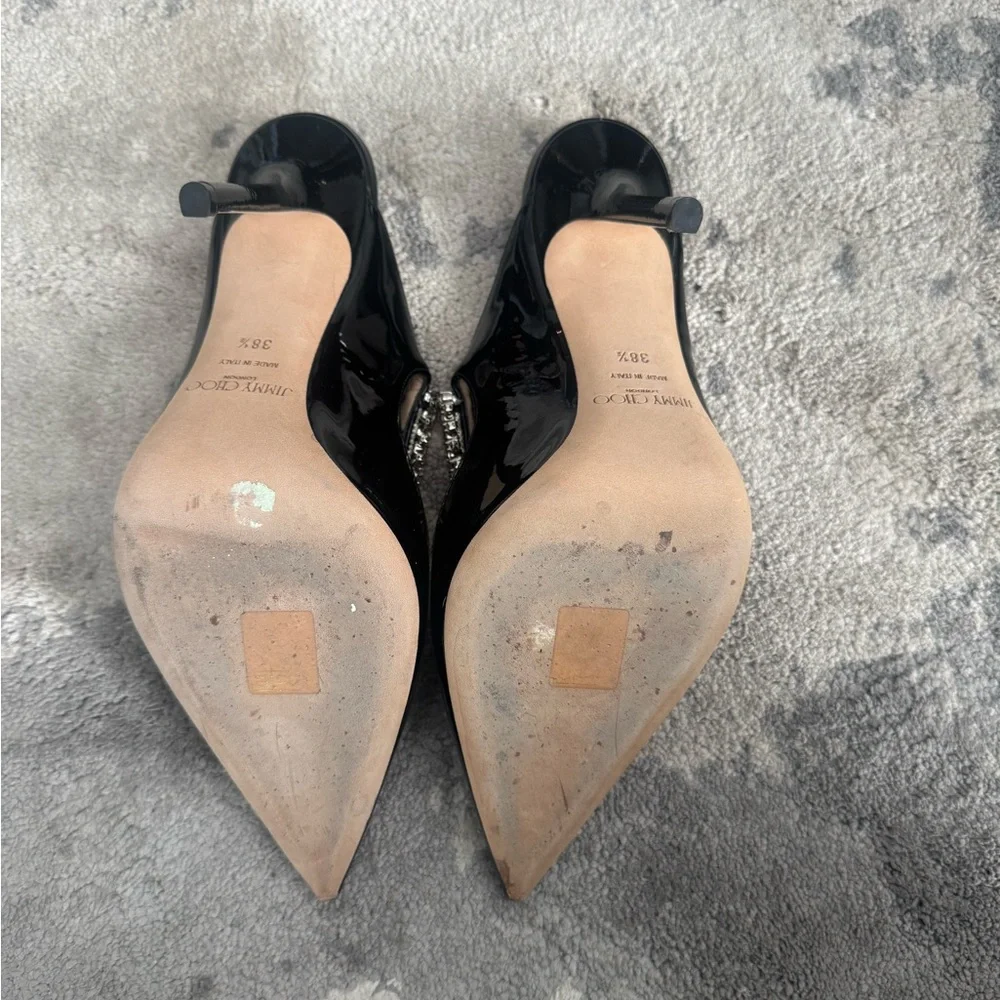 Jimmy Choo Bing 100 Black Patent Pumps Mules Heels w/ Crystal Strap 38.5 - Picture 5 of 11